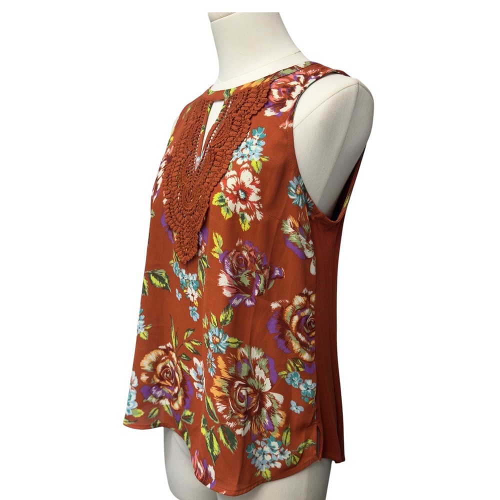 Daniel Rainn Womens PXS Rust Floral Sleeveless Crochet Lace Trim Blouse Top NWT